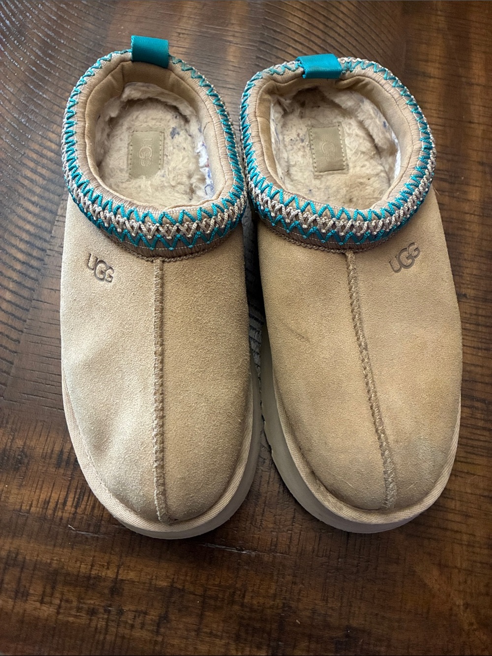 UGG Tan Suede Platform Slippers with Teal Trim
